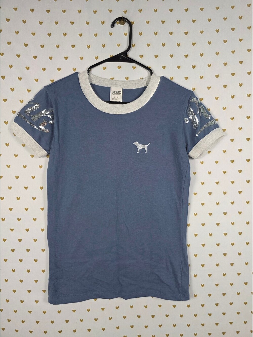 Victorias Secret PINK Blue Ringer Sequined Tee shirt XS Bling